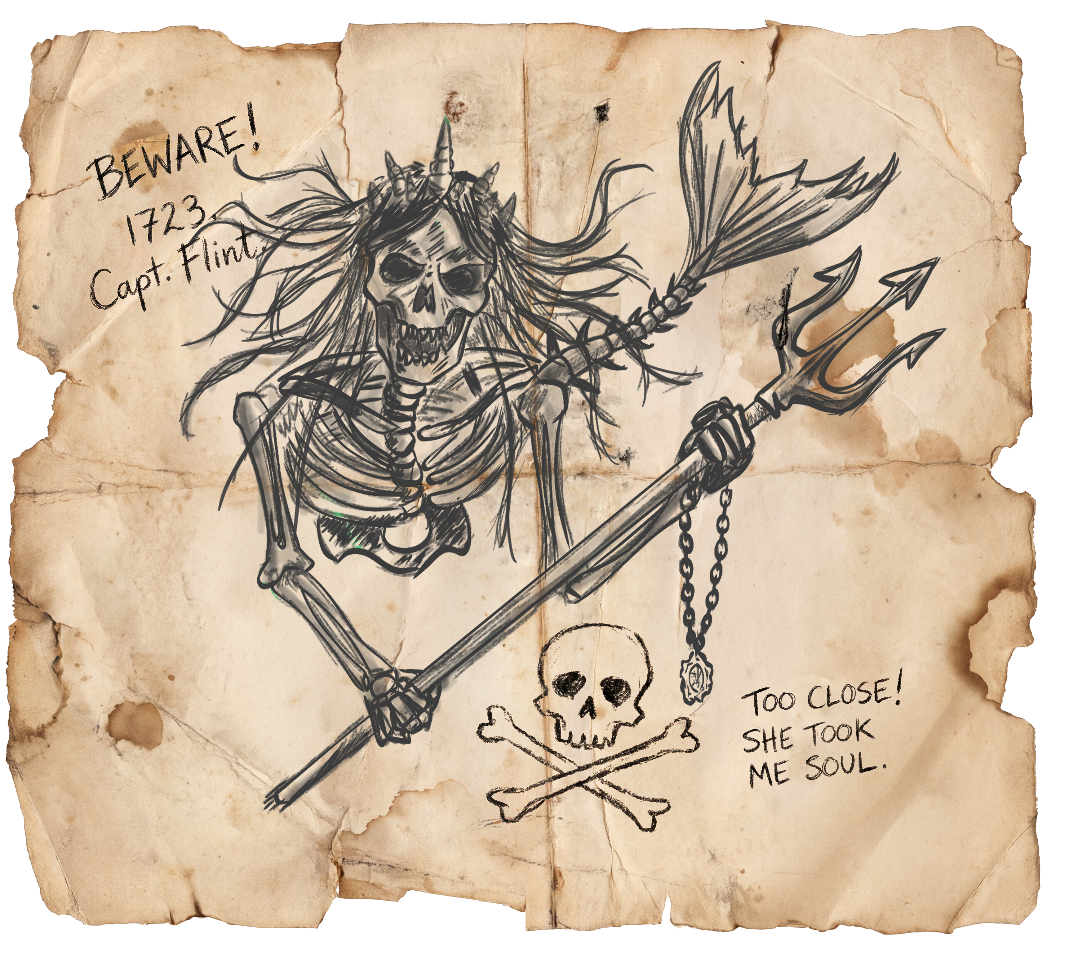Weathered parchment sketch of the skeletal Mermaid Queen holding a trident, with a captain’s handwritten warnings